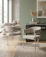 SC300 Mid-Century Boucle Accent Dining Chair with Wrap-Around Arms & Sculptural Matte Brushed Chrome Legs by Quality Living Furniture