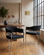 SC300 Mid-Century Boucle Accent Dining Chair with Wrap-Around Arms & Sculptural Matte Brushed Chrome Legs
