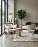 SC300 Mid-Century Boucle Accent Dining Chair with Wrap-Around Arms & Sculptural Matte Brushed Chrome Legs