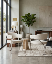 SC300 Mid-Century Boucle Accent Dining Chair with Wrap-Around Arms & Sculptural Matte Brushed Chrome Legs