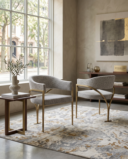 SC304 Mid-Century Boucle Accent Dining Chair with Wrap-Around Arms & Sculptural Matte Brushed Gold Legs