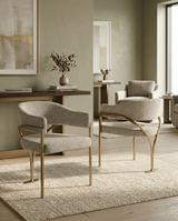 SC304 Mid-Century Boucle Accent Dining Chair with Wrap-Around Arms & Sculptural Matte Brushed Gold Legs by Quality Living Furniture