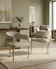 SC304 Mid-Century Boucle Accent Dining Chair with Wrap-Around Arms & Sculptural Matte Brushed Gold Legs