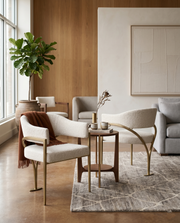 SC304 Mid-Century Boucle Accent Dining Chair with Wrap-Around Arms & Sculptural Matte Brushed Gold Legs