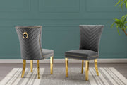 SC364 Elegant Velvet Accent Dining Chair with V-Shaped Tufted Back, Gold Nailhead Trim, Ring Pull & Polished Gold Legs
