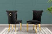 SC364 Elegant Velvet Accent Dining Chair with V-Shaped Tufted Back, Gold Nailhead Trim, Ring Pull & Polished Gold Legs