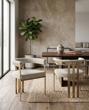 SC384 Architectural Boucle Accent Dining Chair, Matte Brushed Gold Flat-Strap Frame with Floating Back