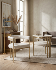SC384 Architectural Boucle Accent Dining Chair, Matte Brushed Gold Flat-Strap Frame with Floating Back