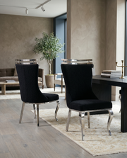 SC390 Elegant High Back Boucle Dining Side Chair with Diamond Tufted Back, Chrome Nailhead Trim, Ring Pull & Polished Chrome Legs