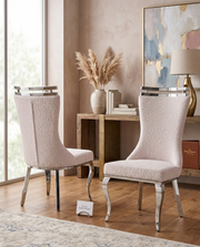 SC390 Elegant High Back Boucle Dining Side Chair with Diamond Tufted Back, Chrome Nailhead Trim, Ring Pull & Polished Chrome Legs