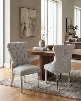 SC400 Elegant Boucle Dining Side Chair with Diamond Tufted Back, Nailhead Trim, Ring Pull & Stainless Steel Legs
