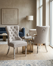 SC400 Elegant Boucle Dining Side Chair with Diamond Tufted Back, Nailhead Trim, Ring Pull & Stainless Steel Legs