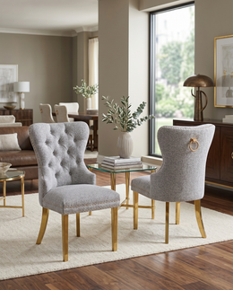 SC404 Elegant Boucle Dining Side Chair with Diamond Tufted Back, Gold Nailhead Trim, Ring Pull & Gold Stainless Steel Legs