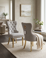 SC404 Elegant Boucle Dining Side Chair with Diamond Tufted Back, Gold Nailhead Trim, Ring Pull & Gold Stainless Steel Legs