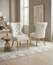 SC404 Elegant Boucle Dining Side Chair with Diamond Tufted Back, Gold Nailhead Trim, Ring Pull & Gold Stainless Steel Legs