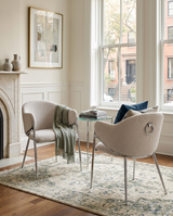 Sc450 Modern Boucle Accent Dining Chair with Sculptural Chrome Frame & Ring Pull
