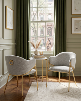 SC454 Modern Boucle Accent Dining Chair with Sculptural Gold Frame & Ring Pull