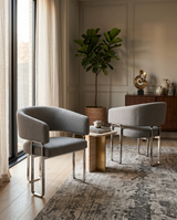 SC460 Modern Teddy Fabric Accent Dining Chair with Architectural Chrome Frame, Curved Barrel Armchair