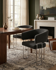 SC460 Modern Teddy Fabric Accent Dining Chair with Architectural Chrome Frame, Curved Barrel Armchair