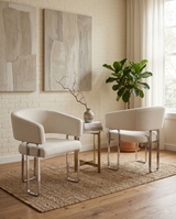 SC460 Modern Teddy Fabric Accent Dining Chair with Architectural Chrome Frame, Curved Barrel Armchair