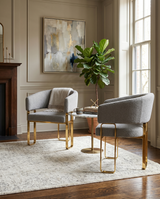 SC464 Modern Teddy Fabric Accent Dining Chair with Architectural Gold Frame, Curved Barrel Armchair