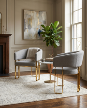 SC464 Modern Teddy Fabric Accent Dining Chair with Architectural Gold Frame, Curved Barrel Armchair