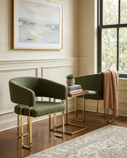 SC464 Modern Teddy Fabric Accent Dining Chair with Architectural Gold Frame, Curved Barrel Armchair