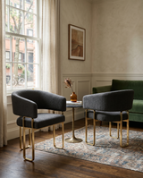 SC464 Modern Teddy Fabric Accent Dining Chair with Architectural Gold Frame, Curved Barrel Armchair