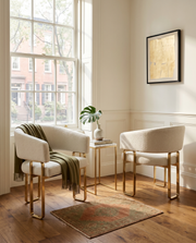 SC464 Modern Teddy Fabric Accent Dining Chair with Architectural Gold Frame, Curved Barrel Armchair