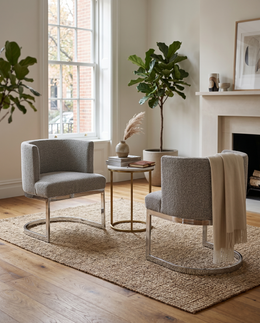 SC590 Modern Low-Profile Boucle Accent Dining Chair with Deep Seating and Polished Chrome Legs