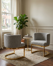 SC594 Modern Boucle Fabric Barrel Accent Chair with U-Shaped Gold Chrome Base, Low-Profile Vanity Dining Chair
