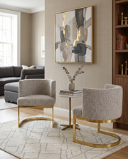 SC594 Modern Boucle Fabric Barrel Accent Chair with U-Shaped Gold Chrome Base, Low-Profile Vanity Dining Chair