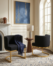 SC594 Modern Boucle Fabric Barrel Accent Chair with U-Shaped Gold Chrome Base, Low-Profile Vanity Dining Chair