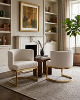 SC594 Modern Boucle Fabric Barrel Accent Chair with U-Shaped Gold Chrome Base, Low-Profile Vanity Dining Chair