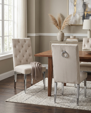 SC70 Elegant [Velvet / Faux Leather] Accent Dining Chair with Tufted Back, Decorative Chrome Ring Pull & Chrome Legs