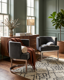 SC94 Modern Velvet Barrel Accent Chair with U-Shaped Chrome Metal Base, Upholstered Vanity Dining Chair