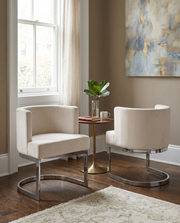 SC94 Modern Velvet Barrel Accent Chair with U-Shaped Chrome Metal Base, Upholstered Vanity Dining Chair