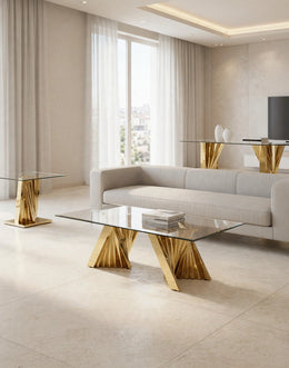 Clear Glass Coffee Table Set With Geometric Stainless Steel Base (CT01 - 06) by Quality Living Furniture